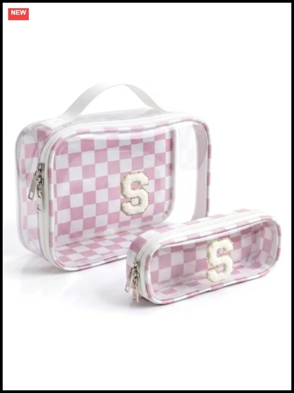Personalized Initial Chenille Makeup Bag Set 2-Piece Clear PVC Travel Toiletry